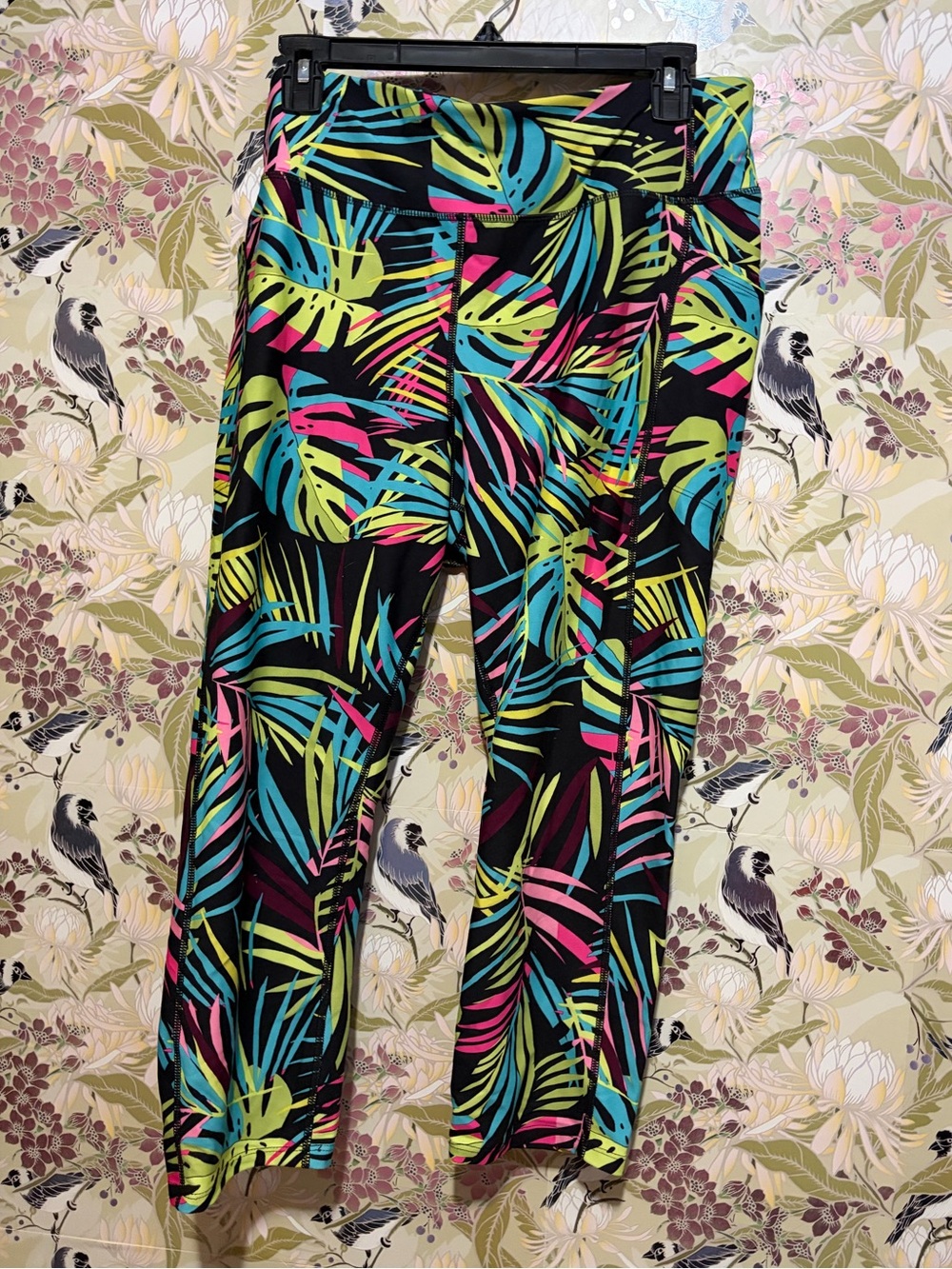 Athletic Works Black Joggers with Neon Green, Blue & Pink Tropical Leaf Print